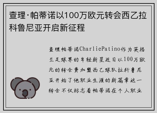 查理·帕蒂诺以100万欧元转会西乙拉科鲁尼亚开启新征程
