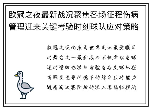 欧冠之夜最新战况聚焦客场征程伤病管理迎来关键考验时刻球队应对策略
