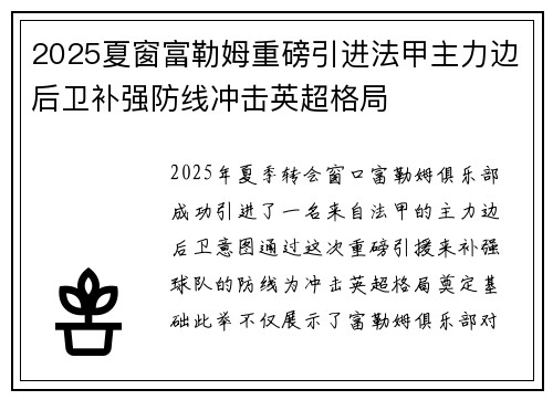 2025夏窗富勒姆重磅引进法甲主力边后卫补强防线冲击英超格局